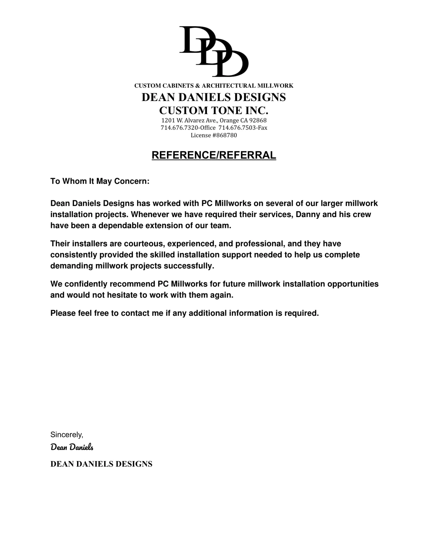 Letter of recommendation from Dean Daniels Designs on company letterhead