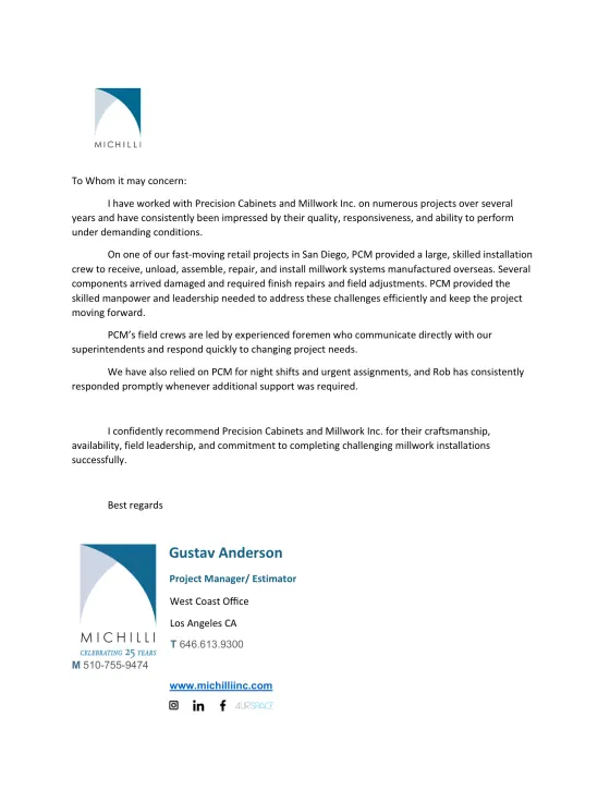 Letter of recommendation from Michilli on company letterhead