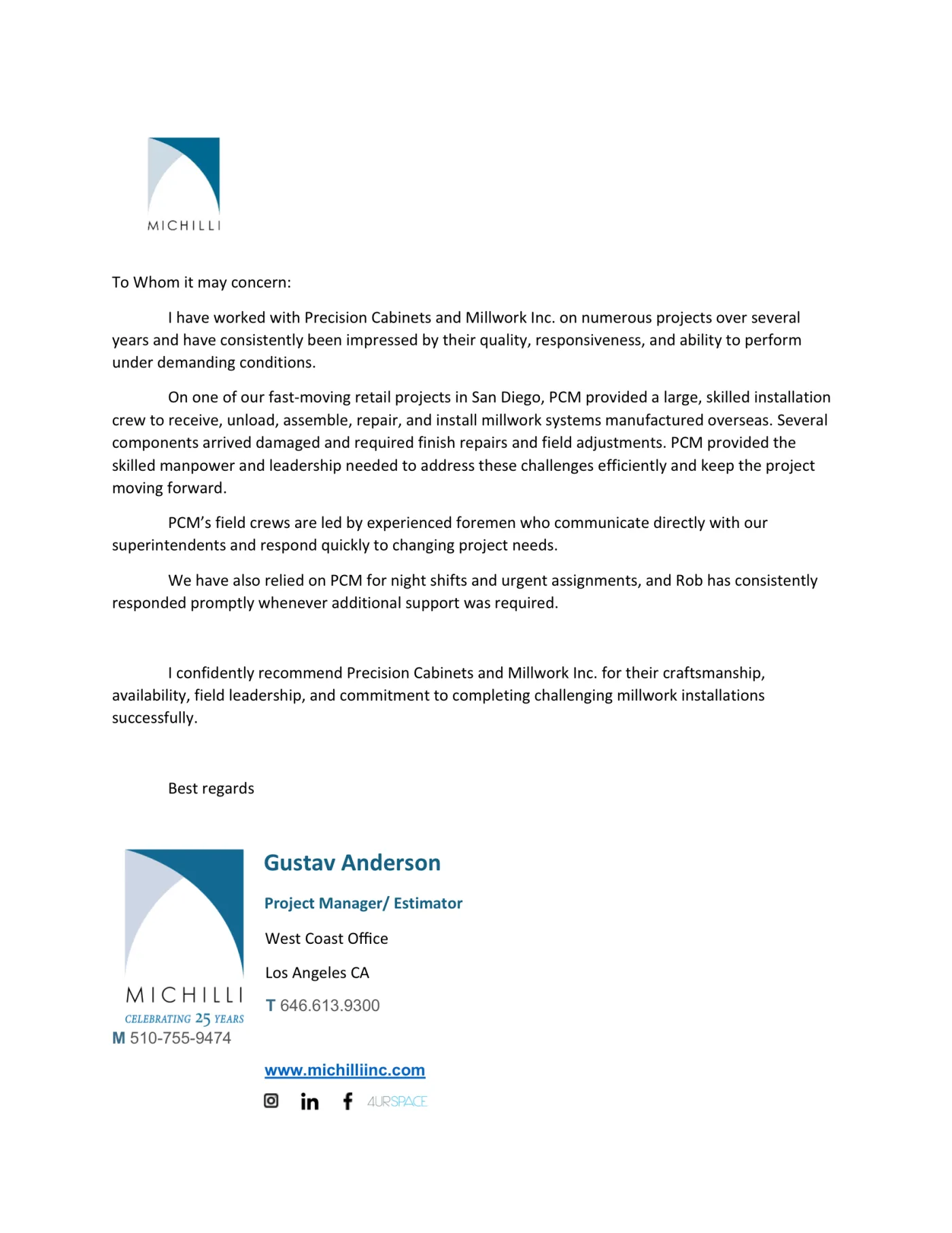 Letter of recommendation from Michilli on company letterhead