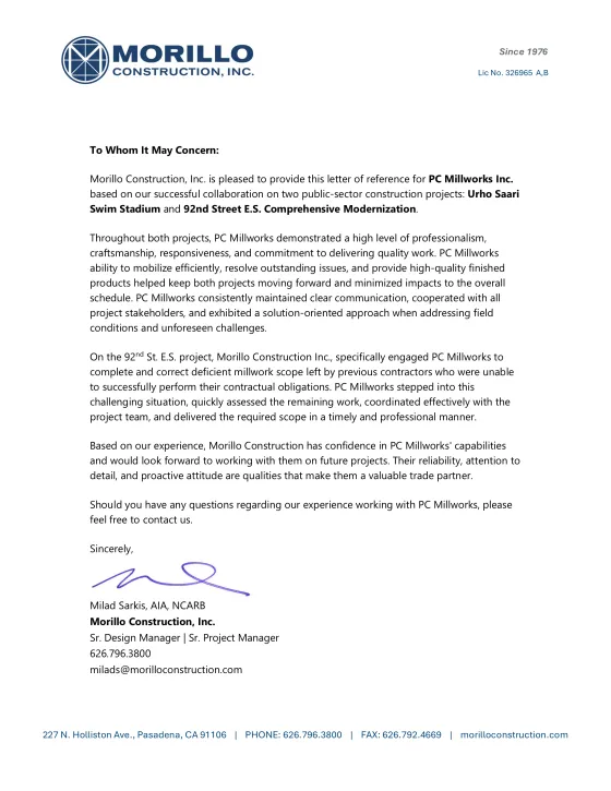 Letter of recommendation from Morillo Construction, Inc. on company letterhead