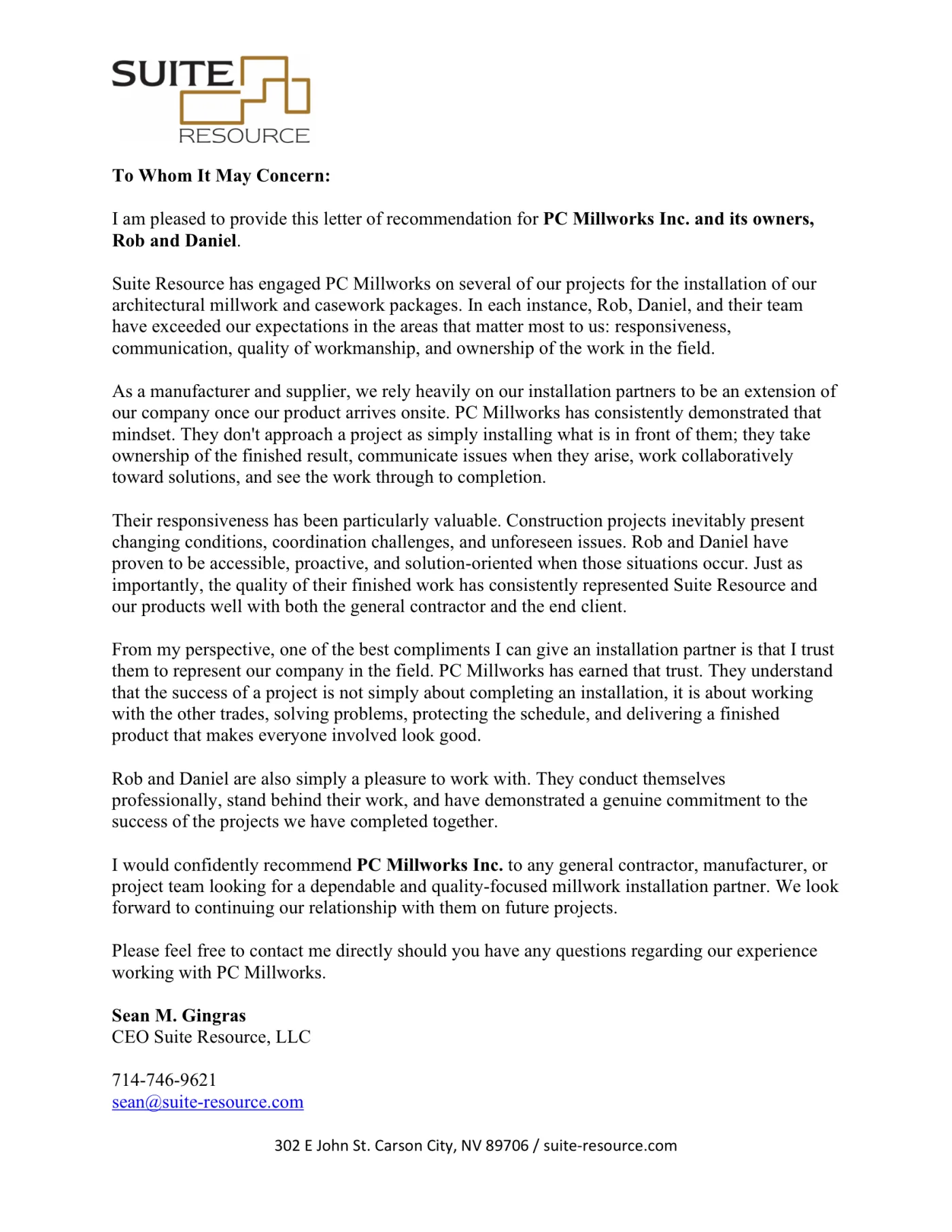 Letter of recommendation from Suite Resource, LLC on company letterhead